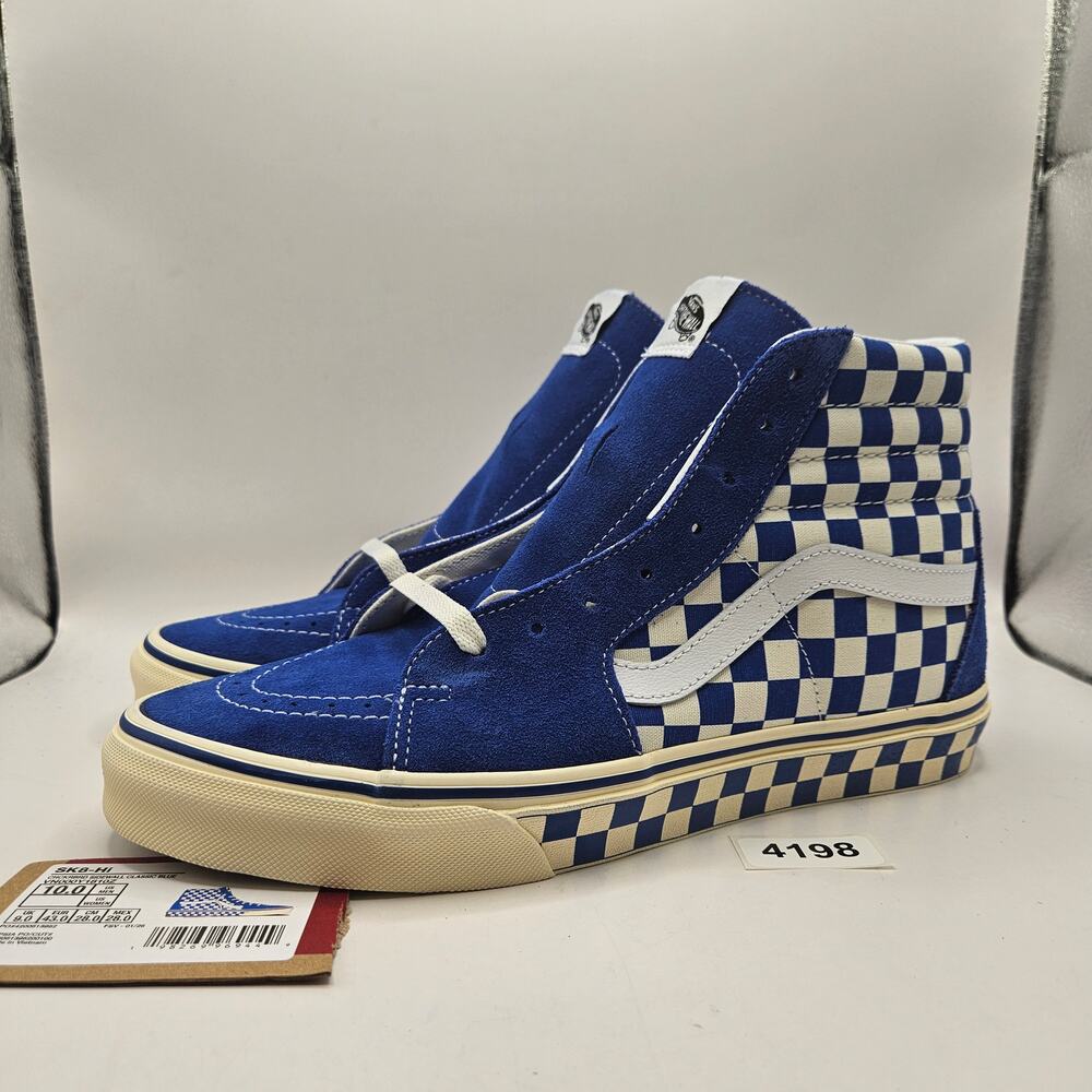 VANS MEN'S 10 SK8-HI CHECKERBOARD SIDEWALL CLASSIC BLUE SKATEBOARD NWOB
